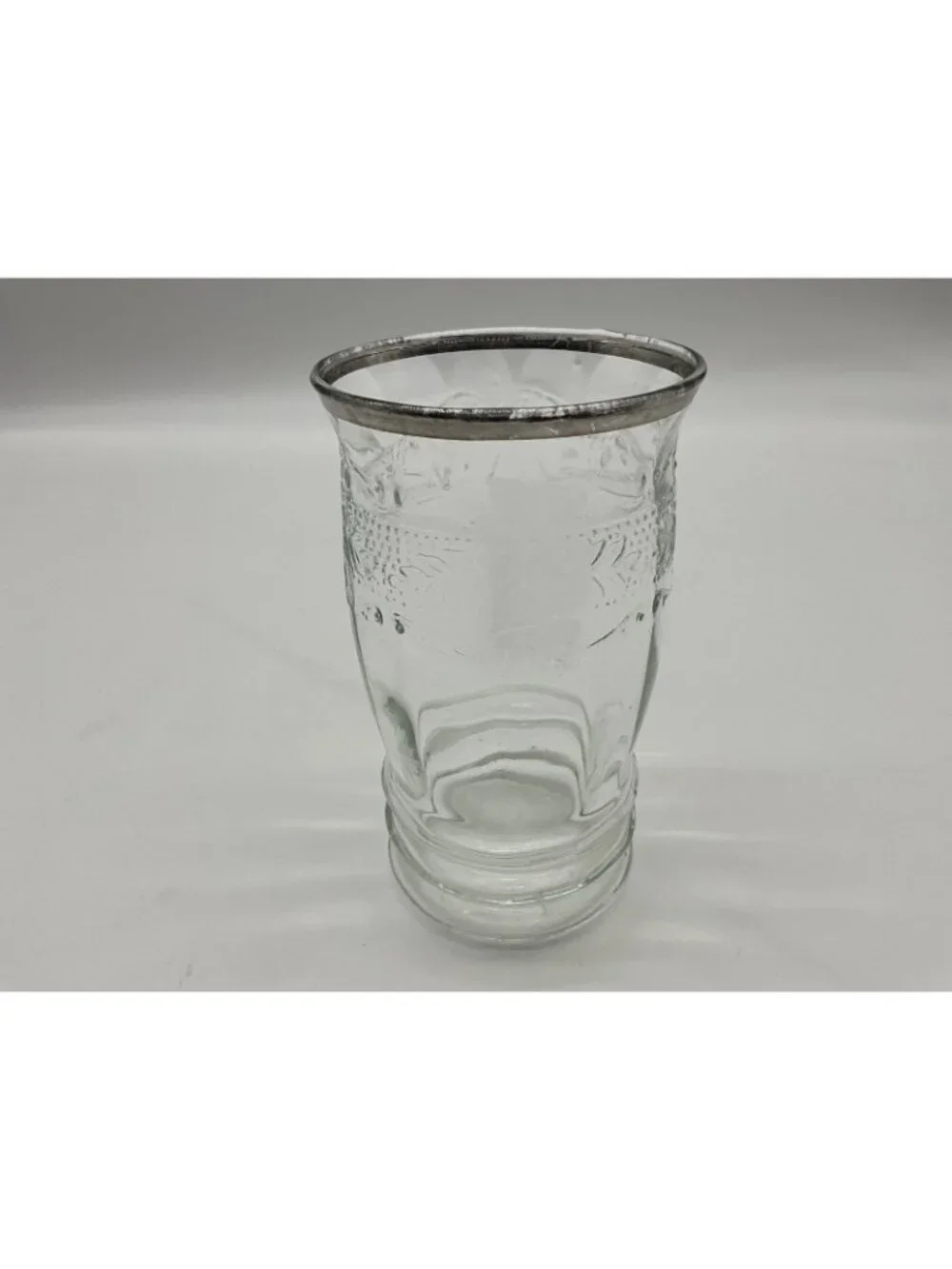 MacBeth -Evans Strippled Rose Band Clear Depression Glass Tumbler w/silver Rim
